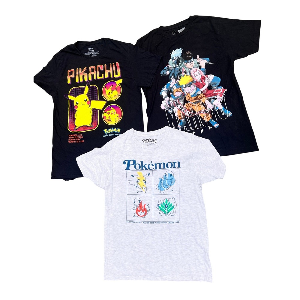 Pokemon Naruto Graphic T-Shirt Bundle Mens Size M Black Grey Good Anime Lot 3pk